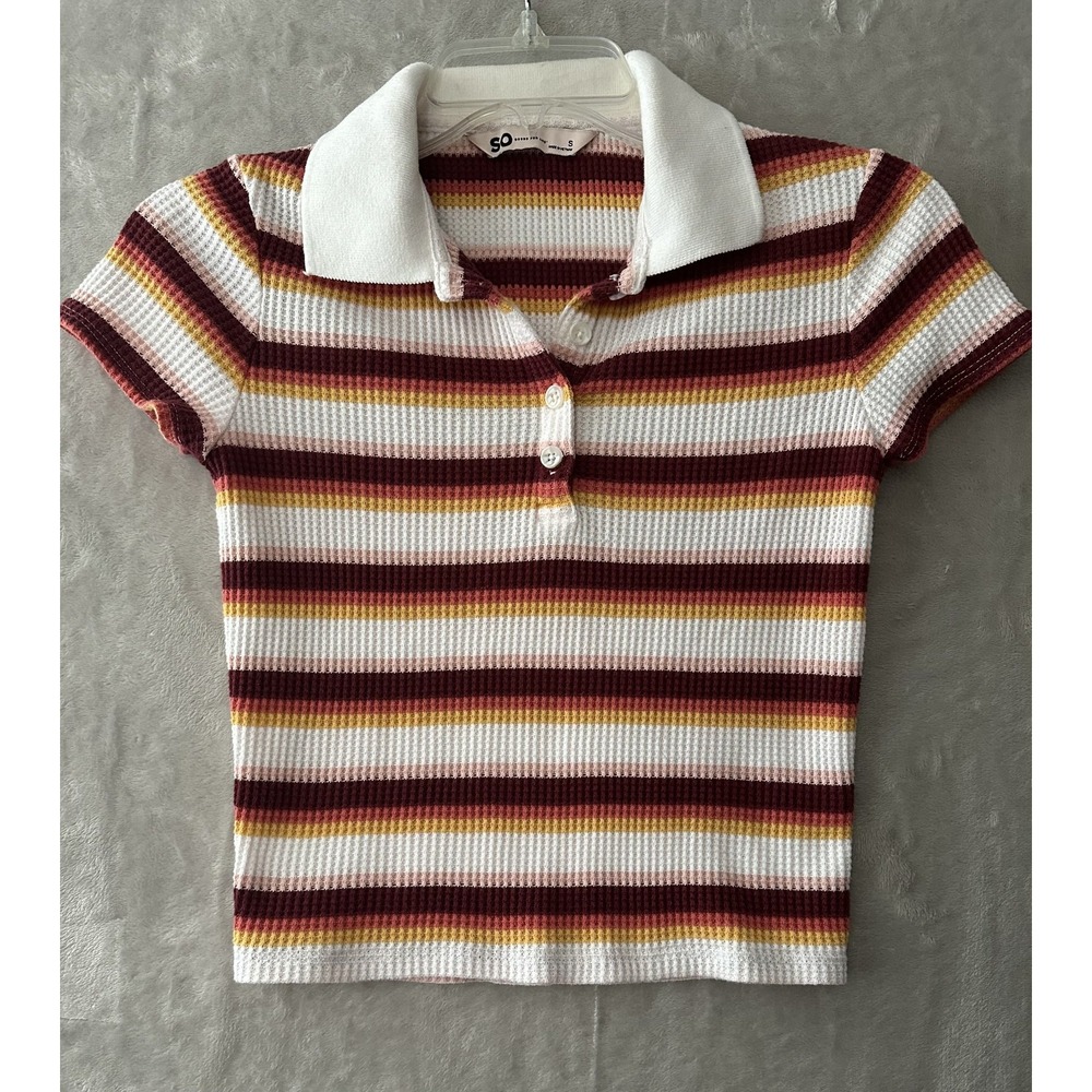 SO Polo Shirt Womens Small Maroon Yellow‎ White Striped Collared Waffle Knit Top